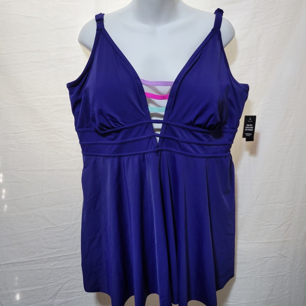 Torrid Plus Size 3 Wire Free Strappy Plunge Swim Dress Indigo Blue NWT